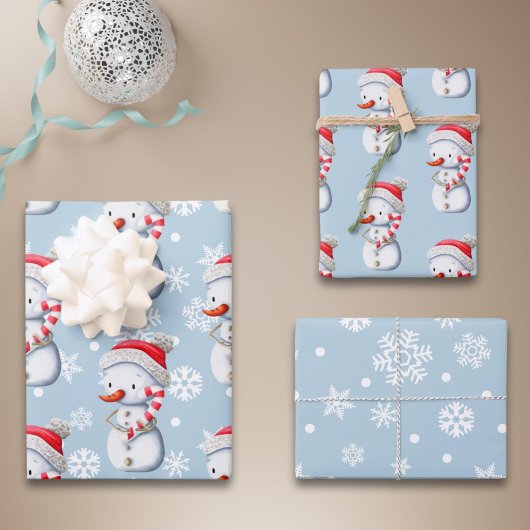 Cute Blue Snowman Snowflakes Christmas  ラッピングペーパーシート
