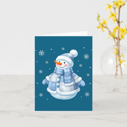 Cute Blue Snowman With Snowflakes Winter Christmas カード (黄色い花)
