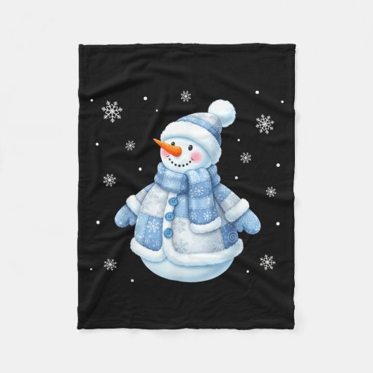 Cute Blue Snowman With Snowflakes Winter Christmas フリースブランケット (正面)