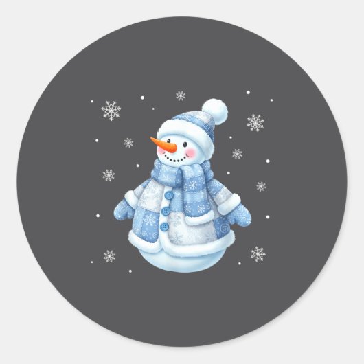 Cute Blue Snowman With Snowflakes Winter Christmas ラウンドシール (正面)