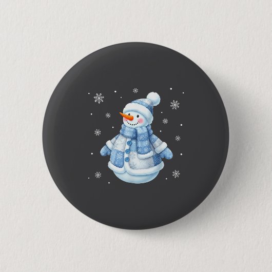 Cute Blue Snowman With Snowflakes Winter Christmas 缶バッジ (正面)