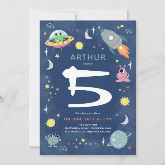 Cute Blue Space Alien Monster Boys Birthday 招待状 (正面)