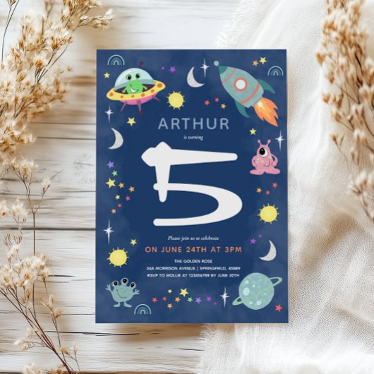 Cute Blue Space Alien Monster Boys Birthday 招待状