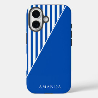 Cute Blue Striped Personalized Name iPhone 16ケース
