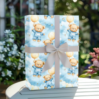 Cute Blue Teddy Bear Baby Boy Shower ラッピングペーパー