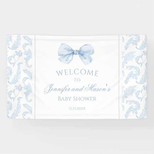 Cute Blue Toile Bow Baby Boy Shower Welcome Banner 横断幕 (横)