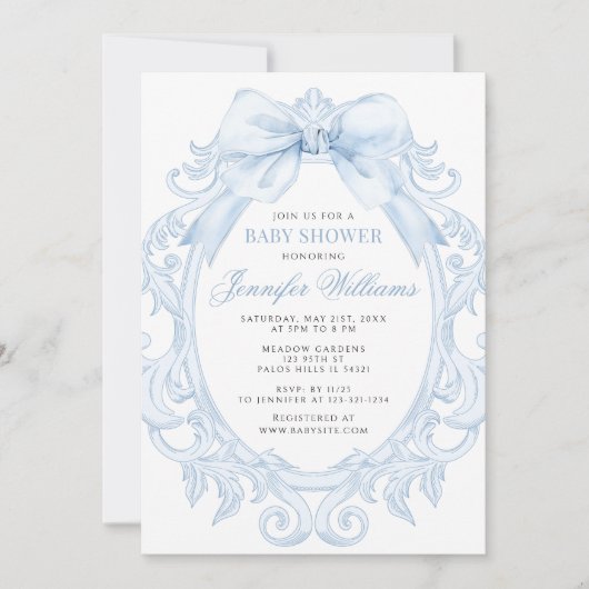Cute Blue Toile Frame Bow Baby Boy Shower 招待状 (正面)