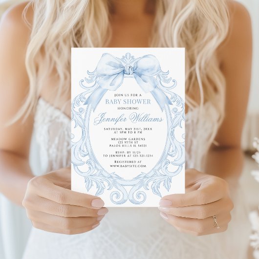 Cute Blue Toile Frame Bow Baby Boy Shower 招待状