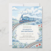 Cute Blue Train Watercolor Boys Birthday Party 招待状 (正面)
