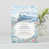 Cute Blue Train Watercolor Boys Birthday Party 招待状 (スタンド正面)