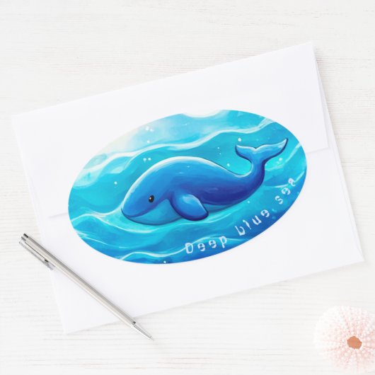 Cute Blue Whale, personalized 楕円形シール (封筒)