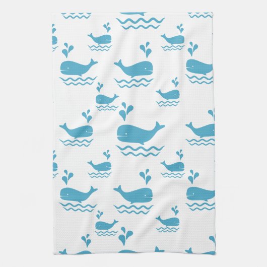 Cute Blue Whale Seamless Ocean Pattern (1) キッチンタオル (縦)