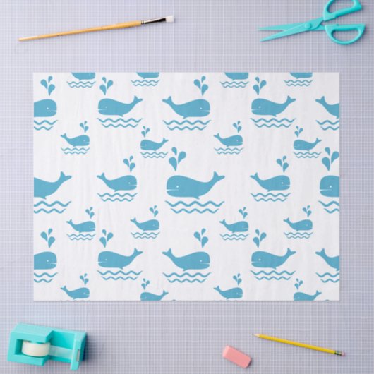 Cute Blue Whale Seamless Ocean Pattern (1) 薄葉紙 (クラフト)