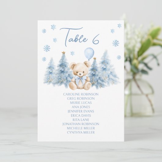 Cute Blue Winter Teddy Bear Baby Boy Table Number (スタンド正面)