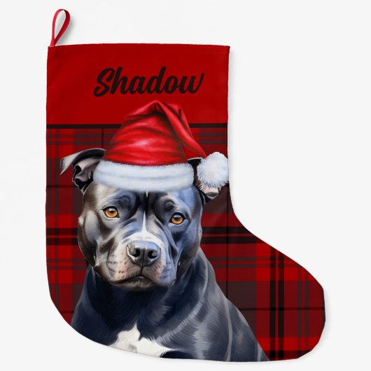 Cute Bluenose Pitbull Dog and Red Plaid Custom ラージクリスマスストッキング (正面)