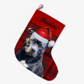 Cute Bluenose Pitbull Dog and Red Plaid Custom ラージクリスマスストッキング (正面 (吊り時))