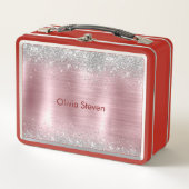 Cute blush silver faux glitter monogram メタルランチボックス (正面)