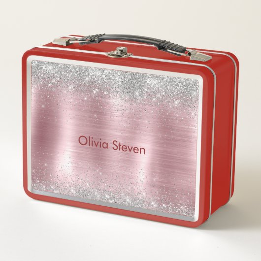 Cute blush silver faux glitter monogram メタルランチボックス (正面)