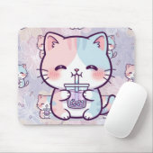 Cute Boba Tea Kitten Mousepad - Aesthetic Pastel  マウスパッド (マウス)