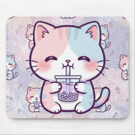 Cute Boba Tea Kitten Mousepad - Aesthetic Pastel F マウスパッド