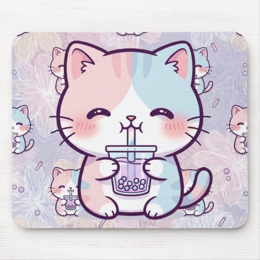 Cute Boba Tea Kitten Mousepad - Aesthetic Pastel F マウスパッド (正面)