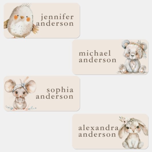 Cute Boho Animals Girl Kids Waterproof Name ラベル (グループ)