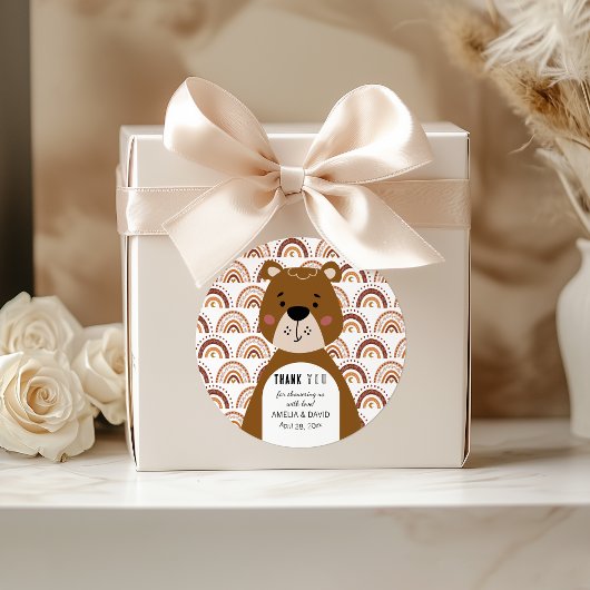 Cute Boho Bear Rainbow Neutral Baby Shower ラウンドシール