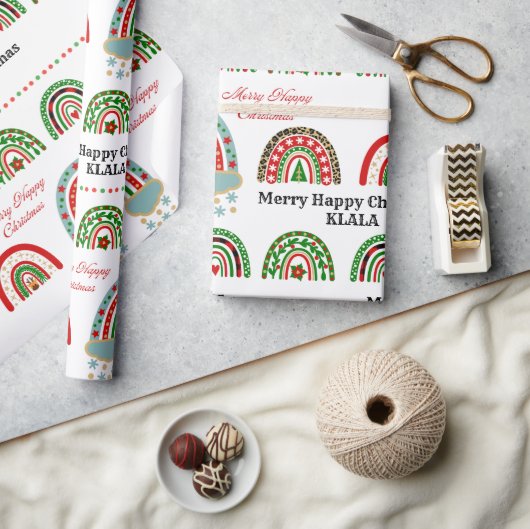 Cute Boho Christmas Rainbow Plaid Leopard Holiday ラッピングペーパー (クラフト)