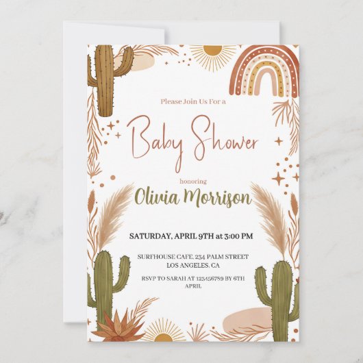 Cute Boho Desert Cactus, Rainbow Baby Shower 招待状 (正面)