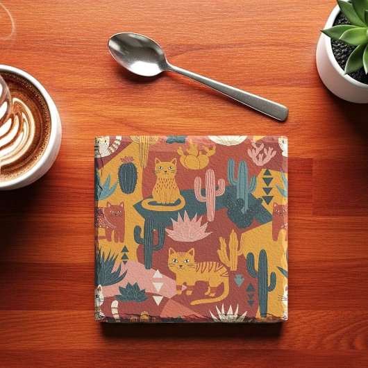 Cute Boho Desert Cats Cactus Succulent Pattern ストーンコースター