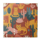 Cute Boho Desert Cats Cactus Succulent Pattern タイル (正面)