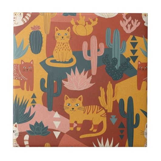 Cute Boho Desert Cats Cactus Succulent Pattern タイル (正面)