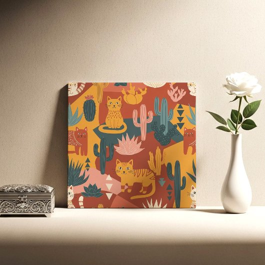 Cute Boho Desert Cats Cactus Succulent Pattern タイル