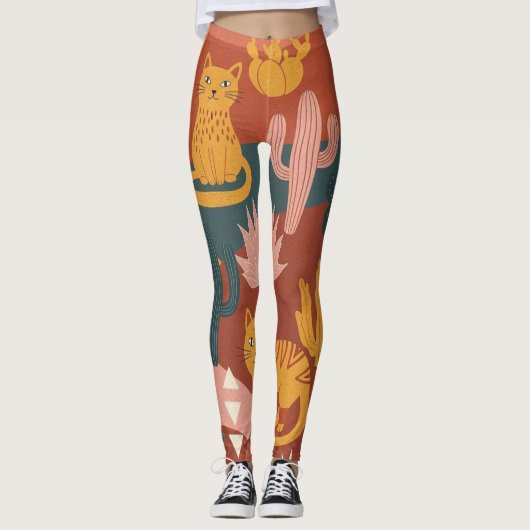 Cute Boho Desert Cats Cactus Succulent Pattern レギンス (正面)