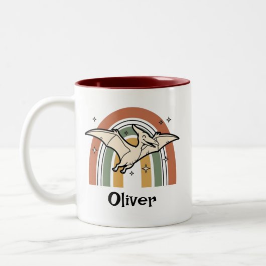 Cute Boho Earth Tone Flying Dinosaur & Rainbow ツートーンマグカップ (左)