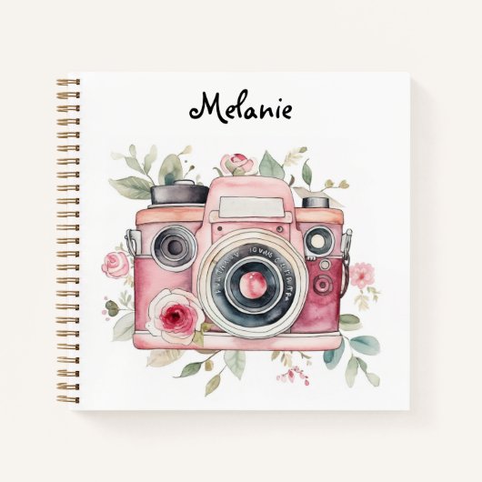 Cute Boho Floral Camera Watercolor Personalised ノートブック (正面)