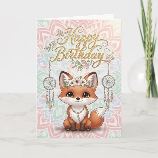 Cute Boho Fox Happy Birthday Card with Dreamcatche カード (正面)