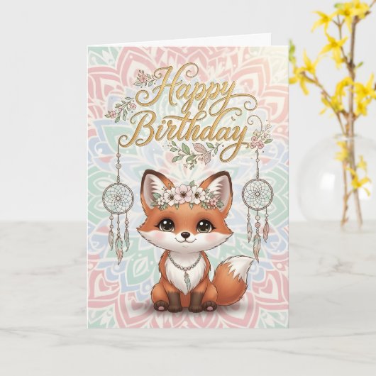 Cute Boho Fox Happy Birthday Card with Dreamcatche カード (黄色い花)