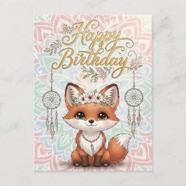 Cute Boho Fox Happy Birthday Card with Dreamcatche ポストカード