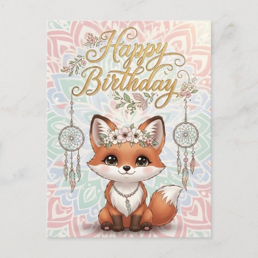 Cute Boho Fox Happy Birthday Card with Dreamcatche ポストカード (正面)