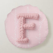 Cute boho pink crocheted letter F Round Pillow ラウンドクッション (裏面)