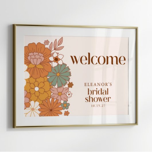 Cute Boho Retro Floral Bridal Shower Welcome Sign ポスター