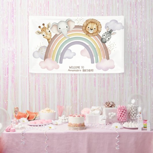 Cute Boho Safari Animals 1st Birthday Banner 横断幕 (パーティー)