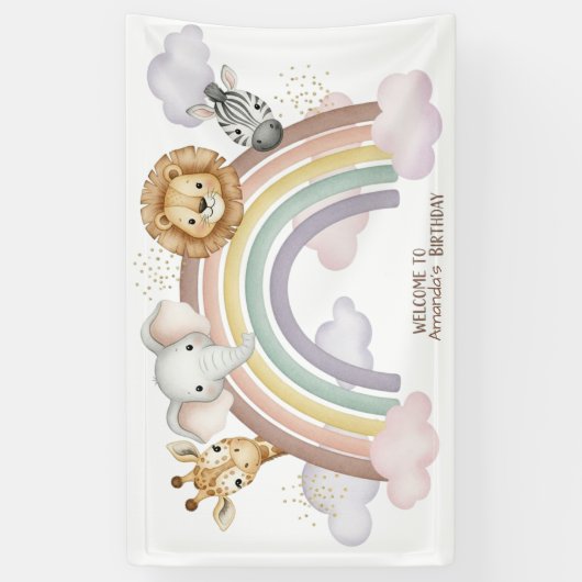 Cute Boho Safari Animals 1st Birthday Banner 横断幕 (縦)