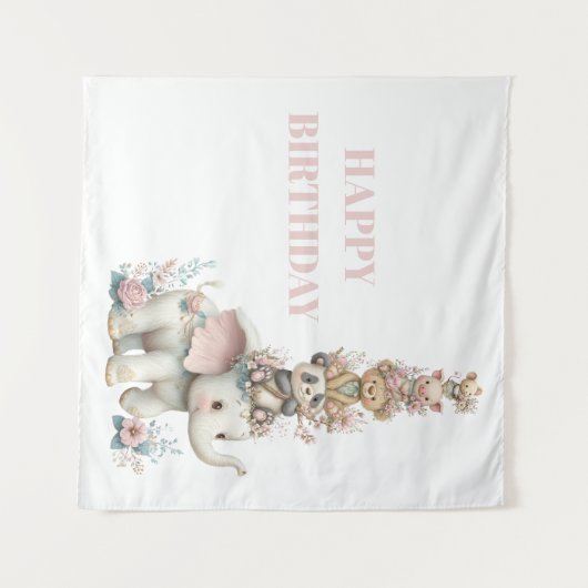 Cute Boho Teddy Bear Birthday Party タペストリー (正面(横))