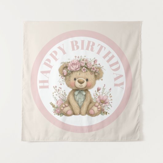 Cute Boho Teddy Bear Birthday Party タペストリー (正面)