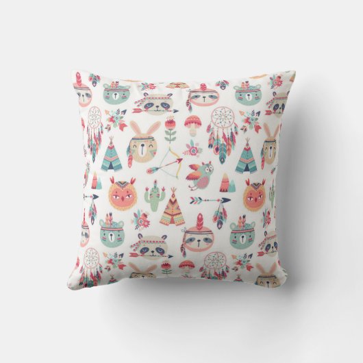 Cute Boho Tribal Woodland Animals Pattern Throw  クッション (裏面)