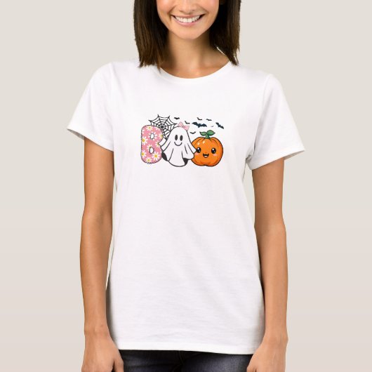 Cute Boo Halloween Floral Ghost & Pumpkin Fall Tシャツ (正面)