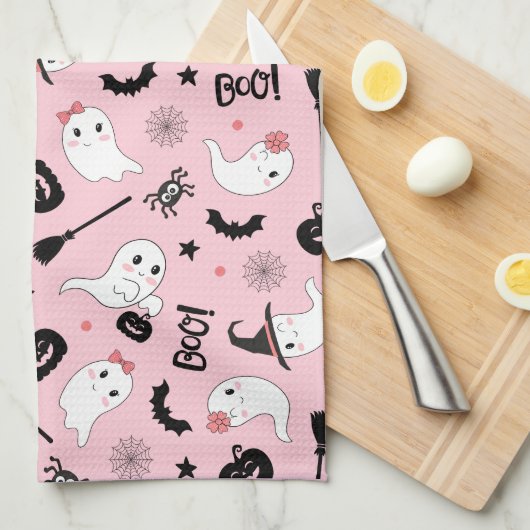 Cute Boo Spooky Ghost Halloween Pink Girl キッチンタオル (四つ折り)