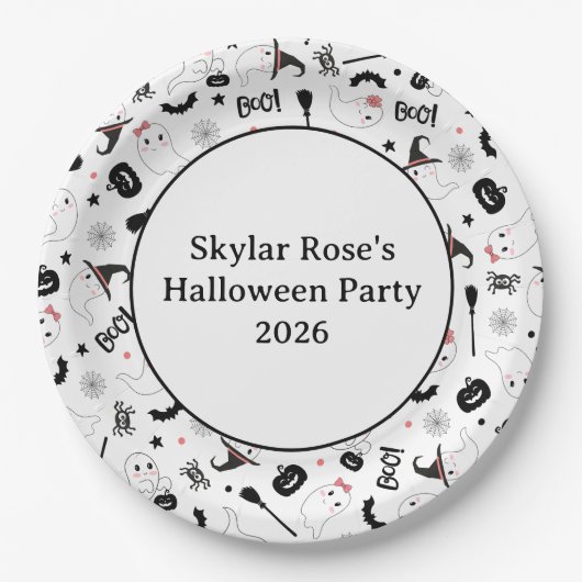 Cute Boo Spooky Ghost Halloween Pink Girl ペーパープレート (正面)